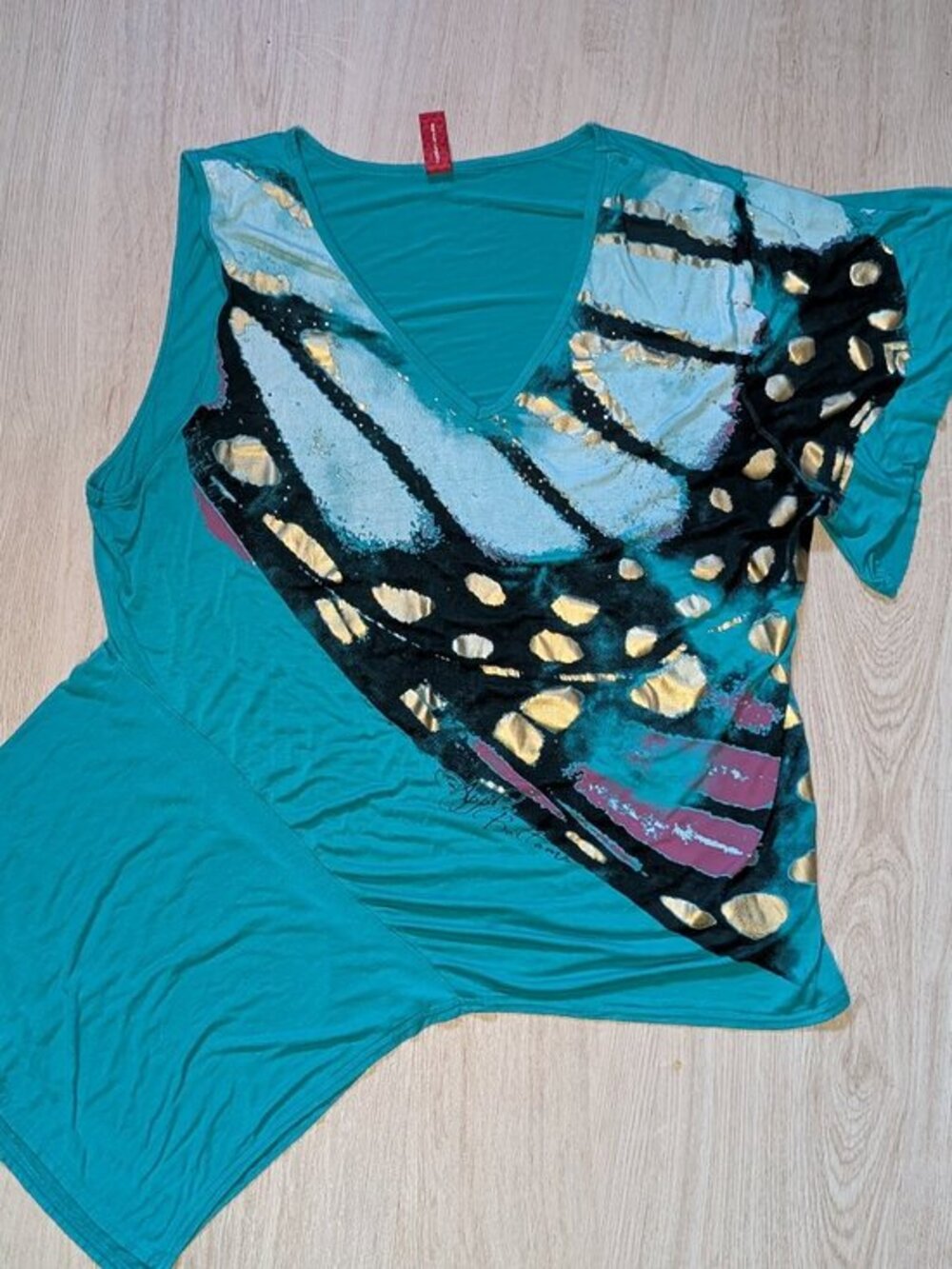 VTG Y2K Apple Bottoms Butterfly Wing Asymmetric Tunic Top Teal Plus Size 3X